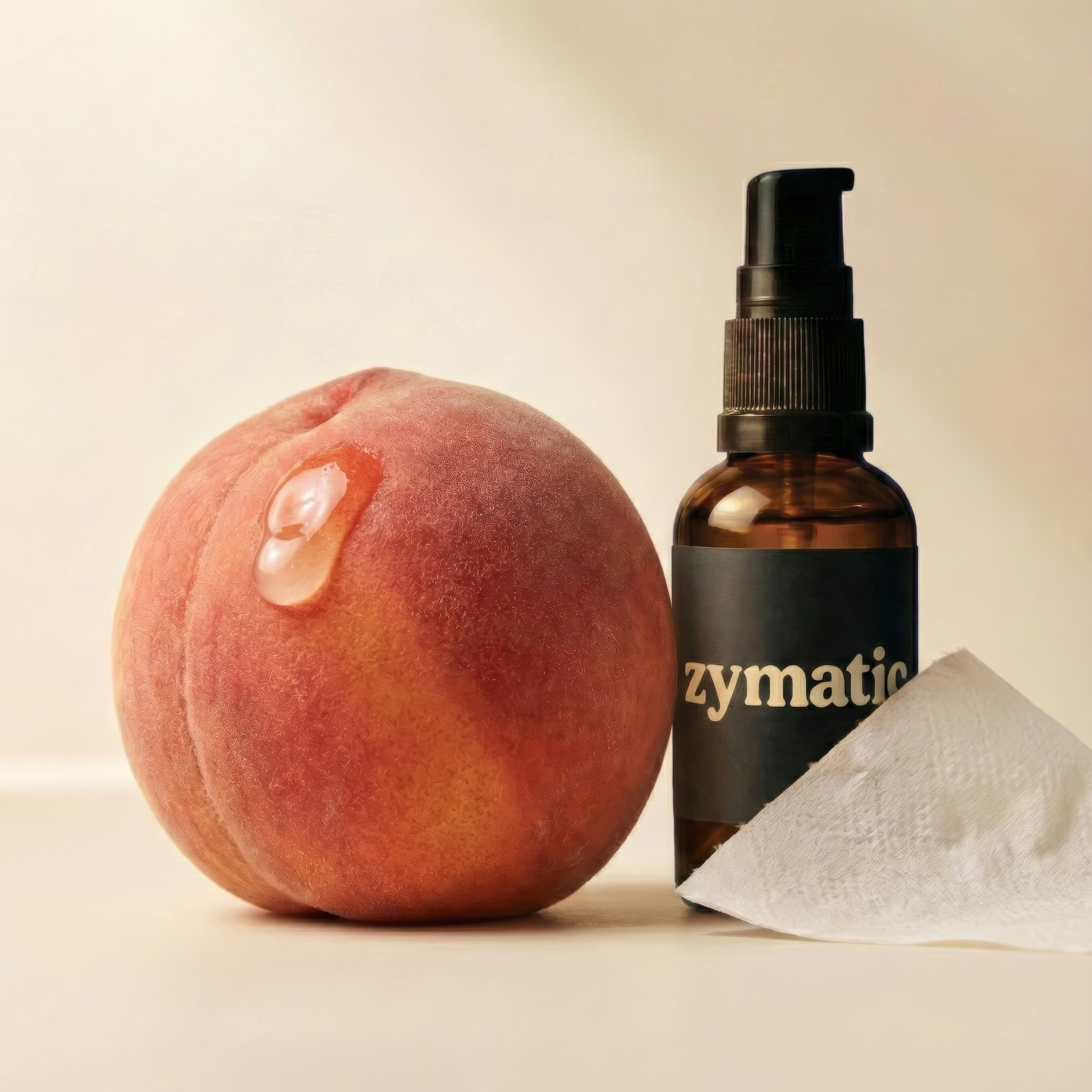 zymatic toilet paper gel next to a peach and some toilet paper